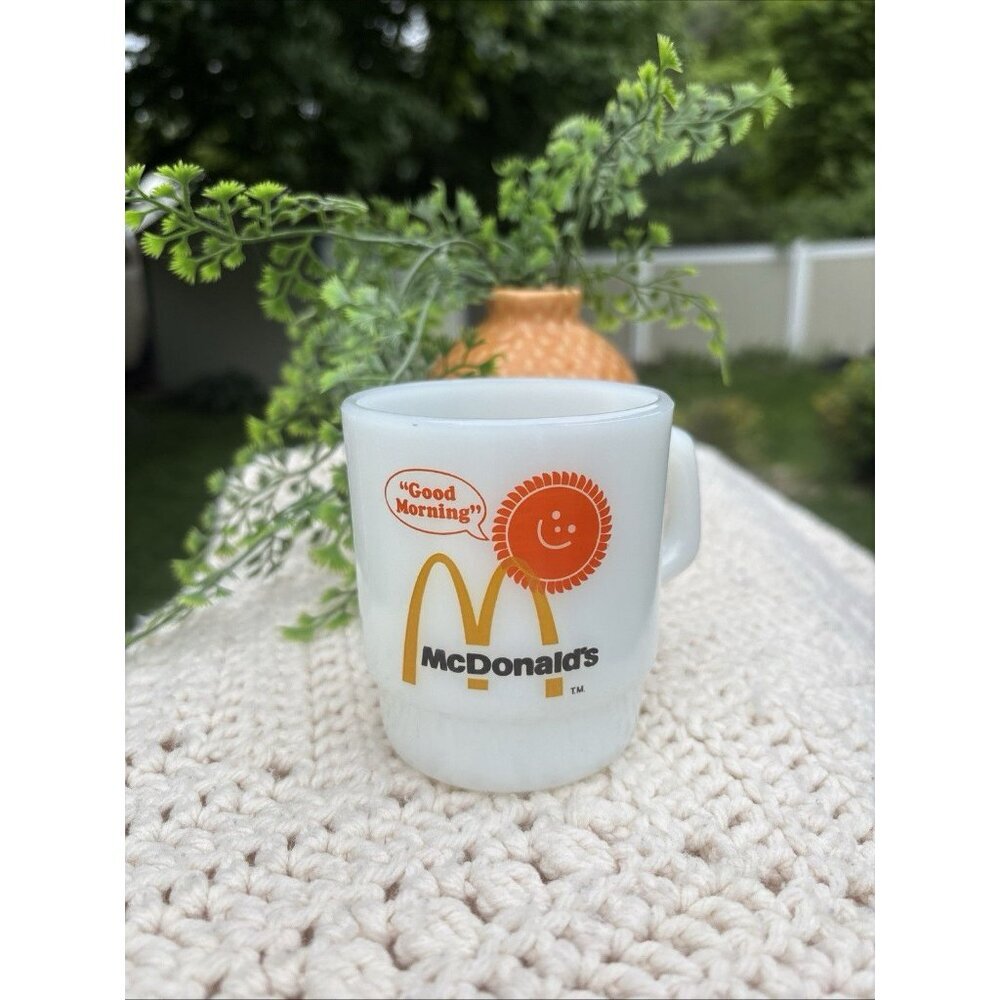 VTG Good Morning McDonald's Milk Glass Coffee Mug Cup Anchor Hocking Fire King